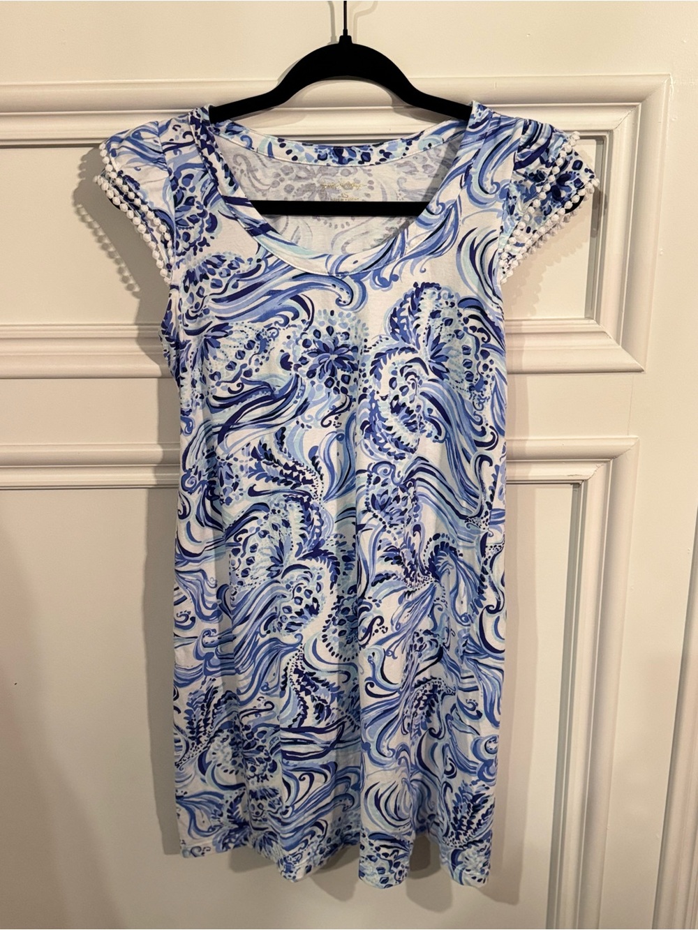 Lilly Pulitzer Bridgitte Dress XS Don't Be Jelly Blue Paisley Pom Pom